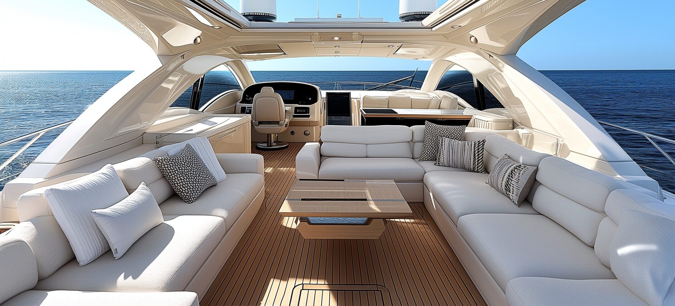 The luxurious open-air deck of a yacht, featuring plush cream-colored wrap-around seating, a teak wood deck, a wooden coffee table, and a clear view of the blue ocean.